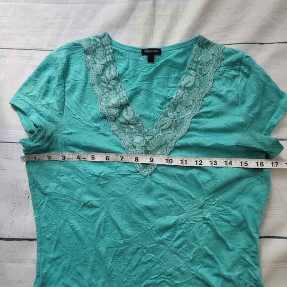Maurices Size M Teal Crinkle Lace Trim V Neck Top Y2K Feminine Boho - Picture 5 of 9